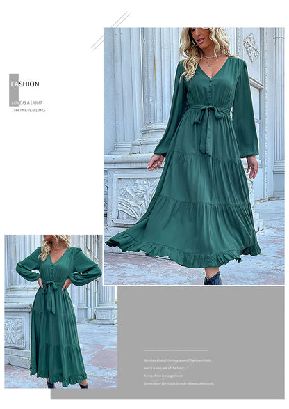 Robes de printemps pour femmes 2025, manches longues, col en V, boutonnée, ceinture, coupe trapèze, fluide, volants, maxi, chemise, poches