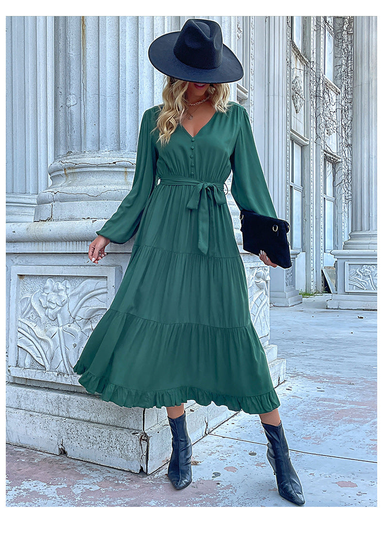 Women's Spring Dresses 2025 Long Sleeve V Neck Button Down Belted A-Line Flowy Ruffle Maxi Shirt Dress Pockets - Seldom Seen Styles