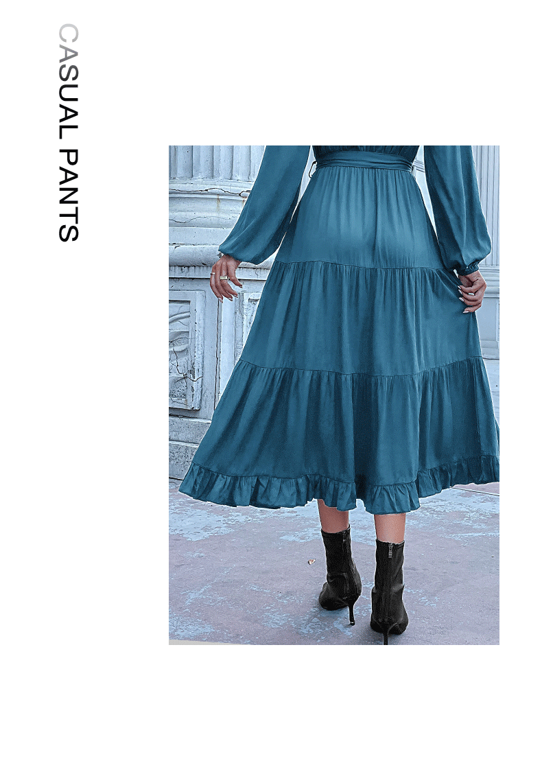 Women's Spring Dresses 2025 Long Sleeve V Neck Button Down Belted A-Line Flowy Ruffle Maxi Shirt Dress Pockets - Seldom Seen Styles