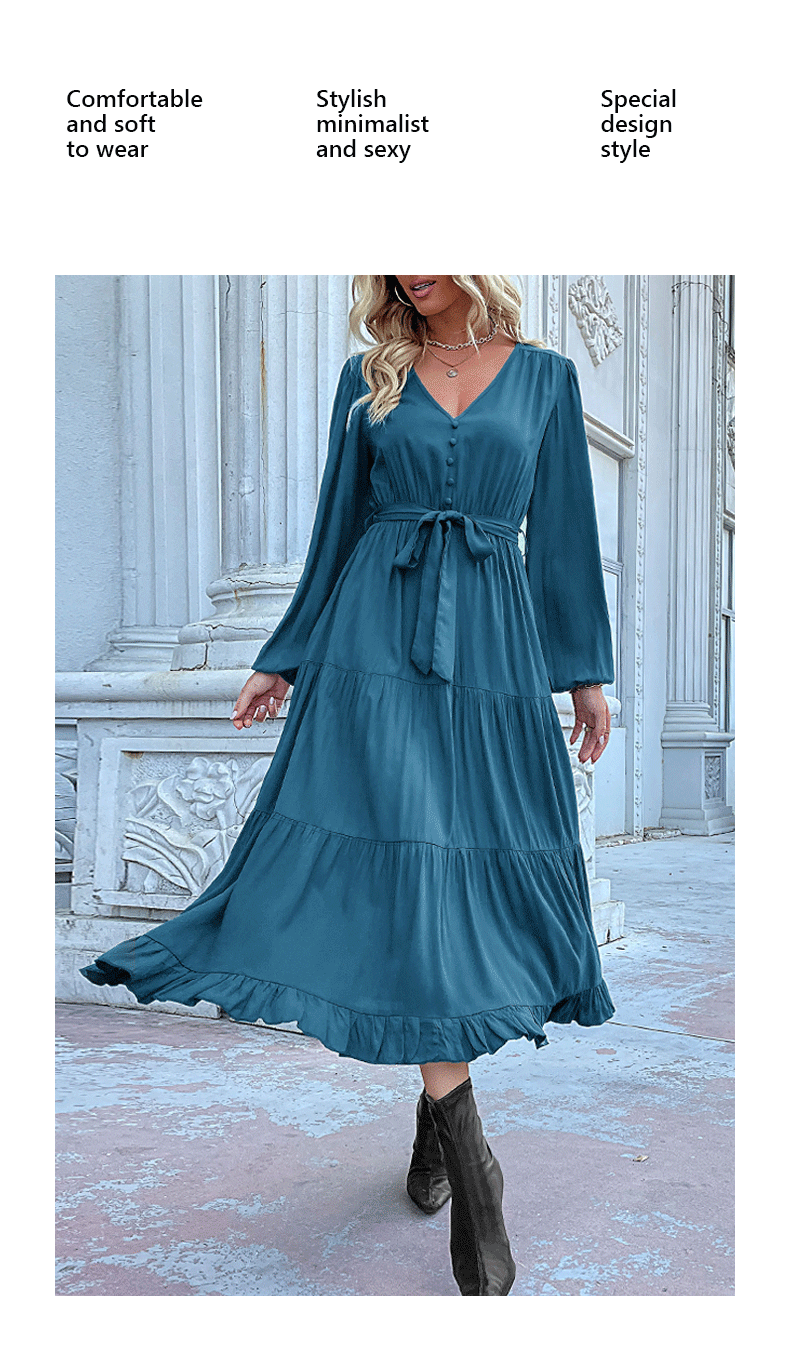 Women's Spring Dresses 2025 Long Sleeve V Neck Button Down Belted A-Line Flowy Ruffle Maxi Shirt Dress Pockets - Seldom Seen Styles