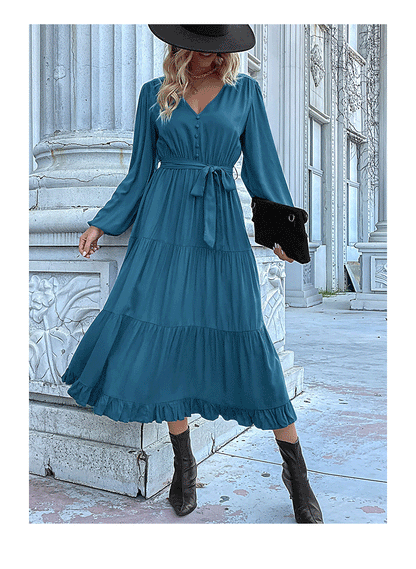 Robes de printemps pour femmes 2025, manches longues, col en V, boutonnée, ceinture, coupe trapèze, fluide, volants, maxi, chemise, poches