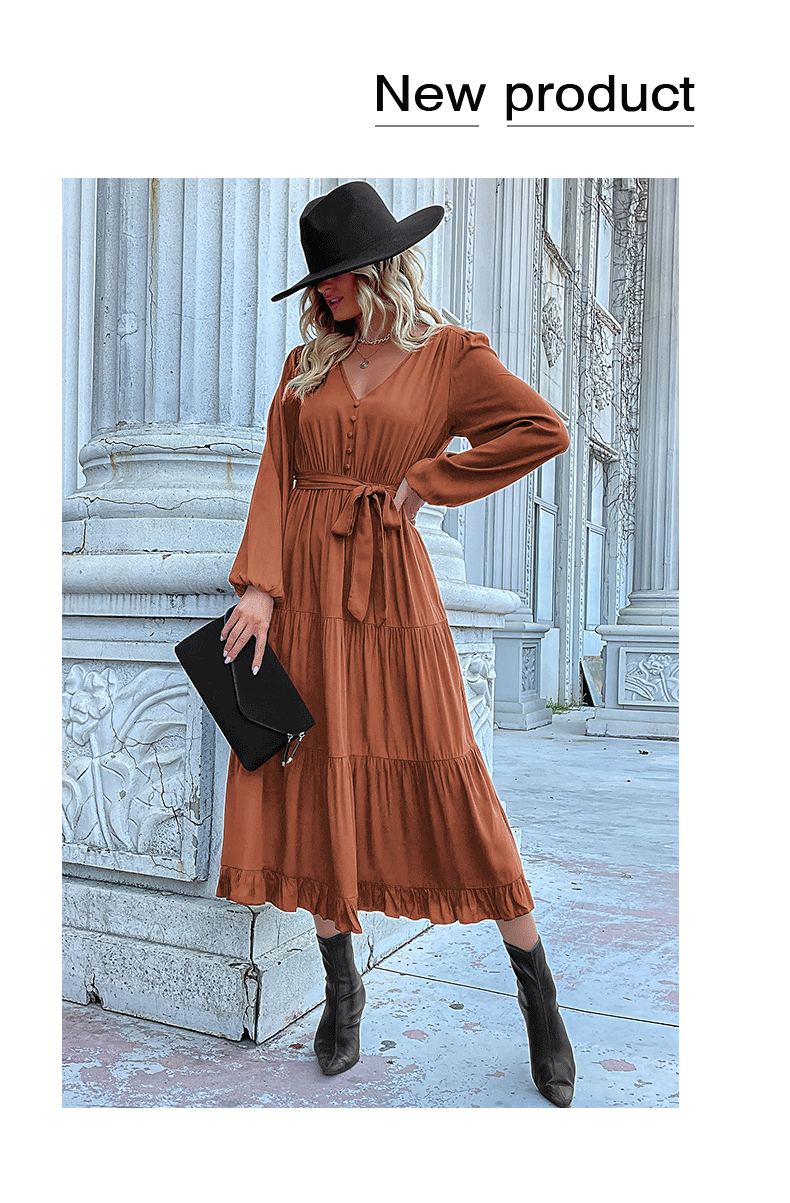 Women's Spring Dresses 2025 Long Sleeve V Neck Button Down Belted A-Line Flowy Ruffle Maxi Shirt Dress Pockets - Seldom Seen Styles