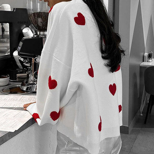 Women's Spring Heart Print Long Sleeve Crewneck Knitting Jumper, Comfort Round Neck Sweater for Daily Streetwear, Tiktop Shop, Lady's Top for Spring - Seldom Seen Styles