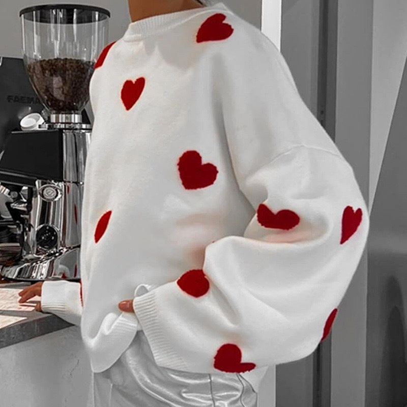 Women's Spring Heart Print Long Sleeve Crewneck Knitting Jumper, Comfort Round Neck Sweater for Daily Streetwear, Tiktop Shop, Lady's Top for Spring - Seldom Seen Styles