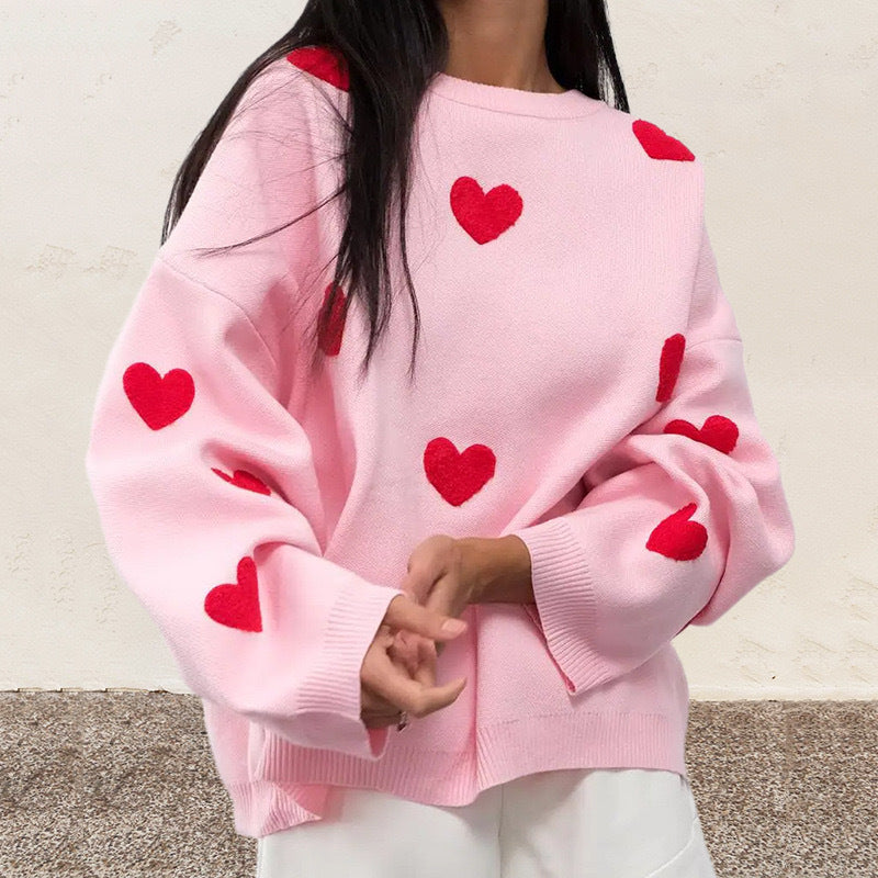 Women's Spring Heart Print Long Sleeve Crewneck Knitting Jumper, Comfort Round Neck Sweater for Daily Streetwear, Tiktop Shop, Lady's Top for Spring - Seldom Seen Styles