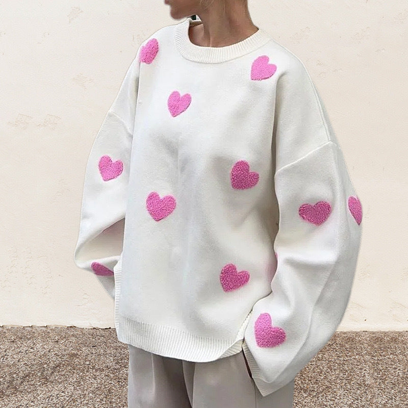 Women's Spring Heart Print Long Sleeve Crewneck Knitting Jumper, Comfort Round Neck Sweater for Daily Streetwear, Tiktop Shop, Lady's Top for Spring - Seldom Seen Styles