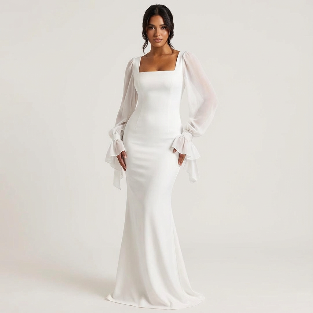 Women's Square Neck Chiffon Puff Sleeve Tie Cuff Maxi Dress - Seldom Seen Styles