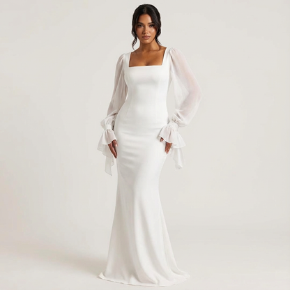 Women's Square Neck Chiffon Puff Sleeve Tie Cuff Maxi Dress