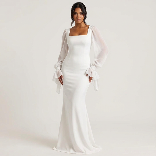Women's Square Neck Chiffon Puff Sleeve Tie Cuff Maxi Dress - Seldom Seen Styles