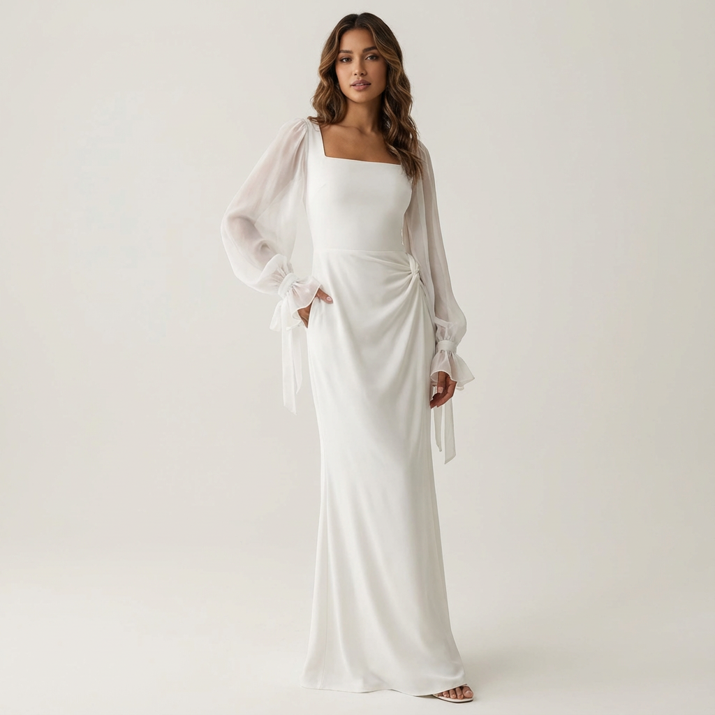 Women's Square Neck Chiffon Puff Sleeve Tie Cuff Maxi Dress - Seldom Seen Styles