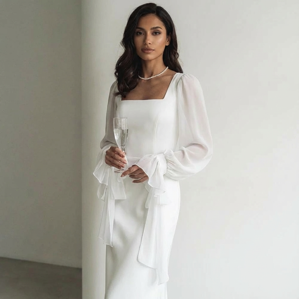 Women's Square Neck Chiffon Puff Sleeve Tie Cuff Maxi Dress - Seldom Seen Styles