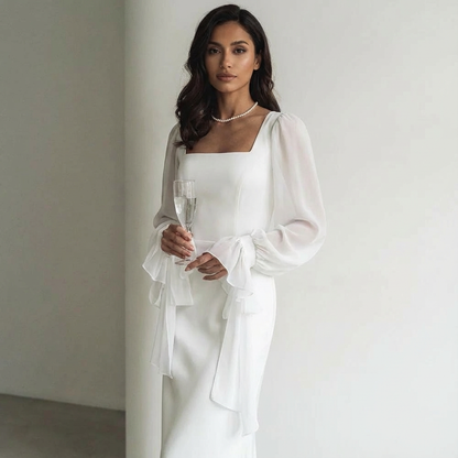 Women's Square Neck Chiffon Puff Sleeve Tie Cuff Maxi Dress