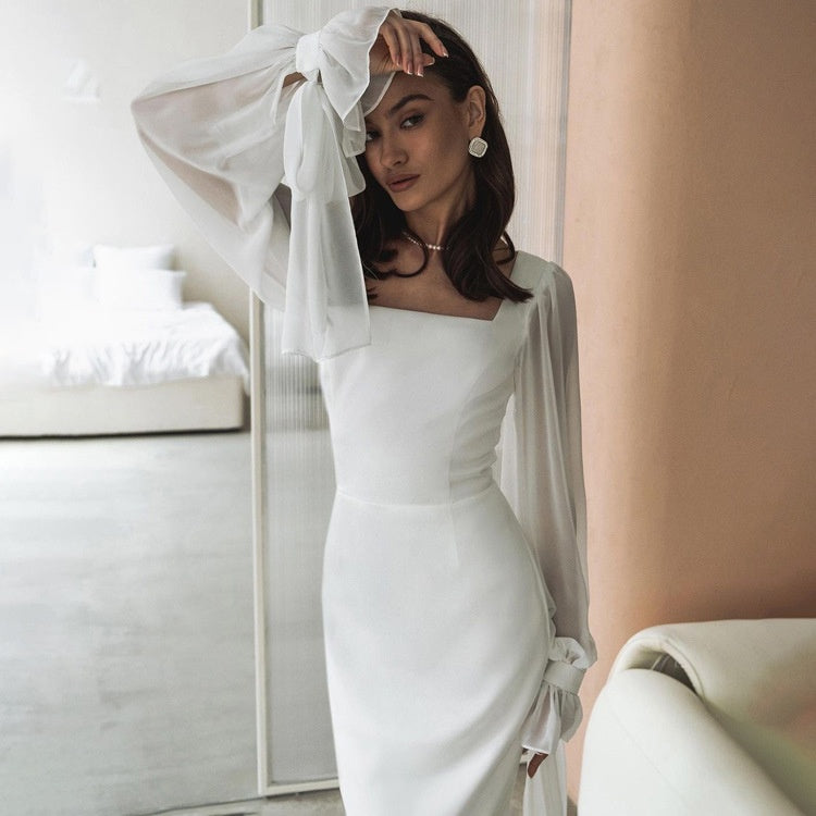 Women's Square Neck Chiffon Puff Sleeve Tie Cuff Maxi Dress - Seldom Seen Styles