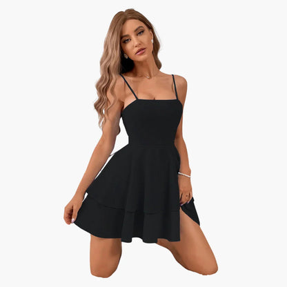 Women's Square Neck Mini Dress - Spaghetti Strap - Tiered Ruffle Skirt