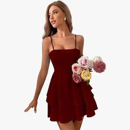 Women's Square Neck Mini Dress - Spaghetti Strap - Tiered Ruffle Skirt
