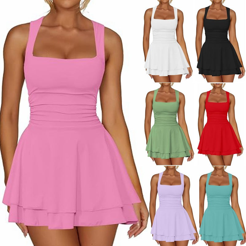 Women's Square Neck Sleeveless Bodycon Ruched Waist Flowy A-Line Ruffle Hem Mini Dress - Seldom Seen Styles