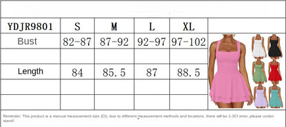 Women's Square Neck Sleeveless Bodycon Ruched Waist Flowy A-Line Ruffle Hem Mini Dress