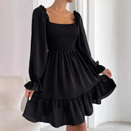 Women's Square Neck Smocked Mini Dress Long Sleeve Ruffle Hem Babydoll Dress Casual Fall Dress - Seldom Seen Styles