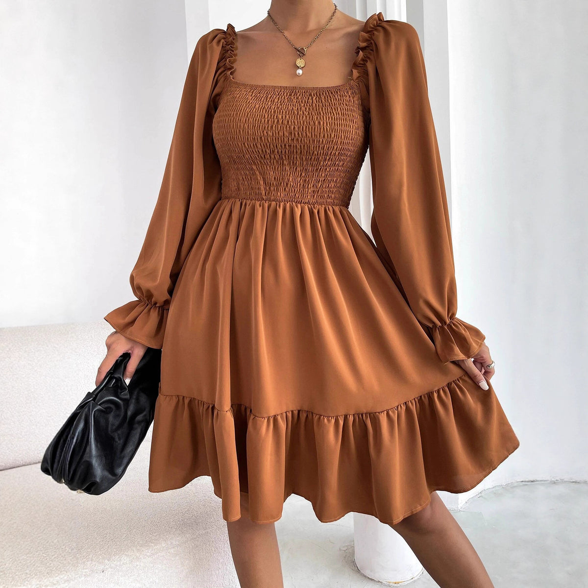 Women's Square Neck Smocked Mini Dress Long Sleeve Ruffle Hem Babydoll Dress Casual Fall Dress - Seldom Seen Styles