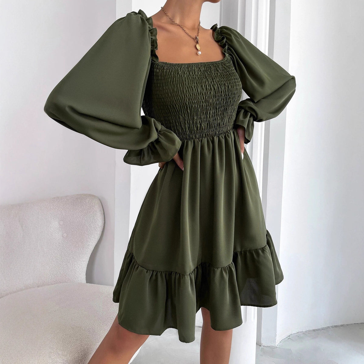 Women's Square Neck Smocked Mini Dress Long Sleeve Ruffle Hem Babydoll Dress Casual Fall Dress - Seldom Seen Styles
