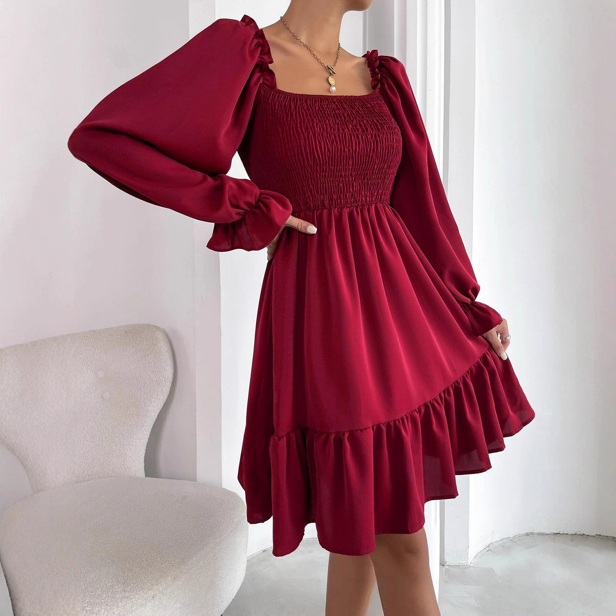 Women's Square Neck Smocked Mini Dress Long Sleeve Ruffle Hem Babydoll Dress Casual Fall Dress - Seldom Seen Styles
