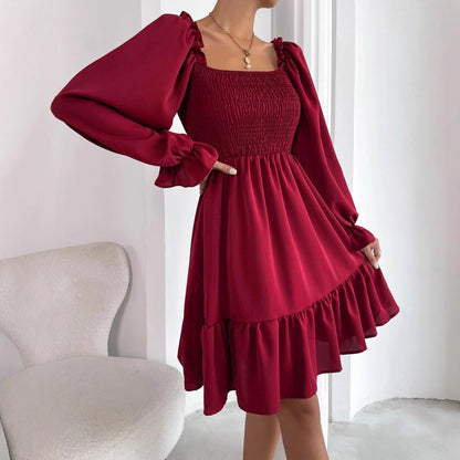 Women's Square Neck Smocked Mini Dress Long Sleeve Ruffle Hem Babydoll Dress Casual Fall Dress