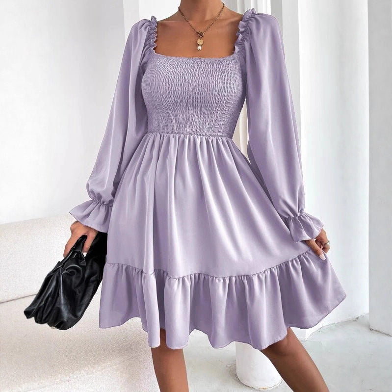 Women's Square Neck Smocked Mini Dress Long Sleeve Ruffle Hem Babydoll Dress Casual Fall Dress - Seldom Seen Styles