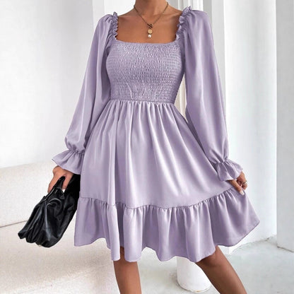 Women's Square Neck Smocked Mini Dress Long Sleeve Ruffle Hem Babydoll Dress Casual Fall Dress