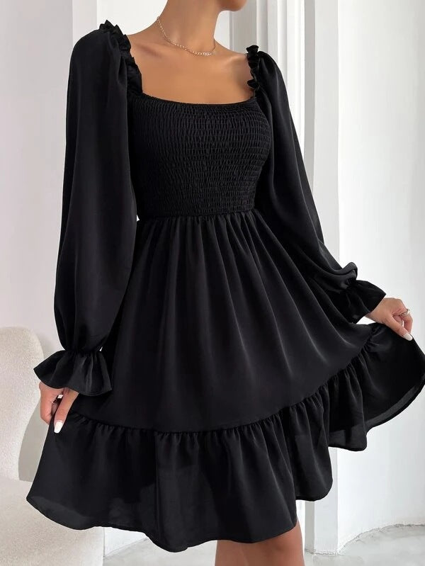 Women's Square Neck Smocked Mini Dress Long Sleeve Ruffle Hem Babydoll Dress Casual Fall Dress - Seldom Seen Styles
