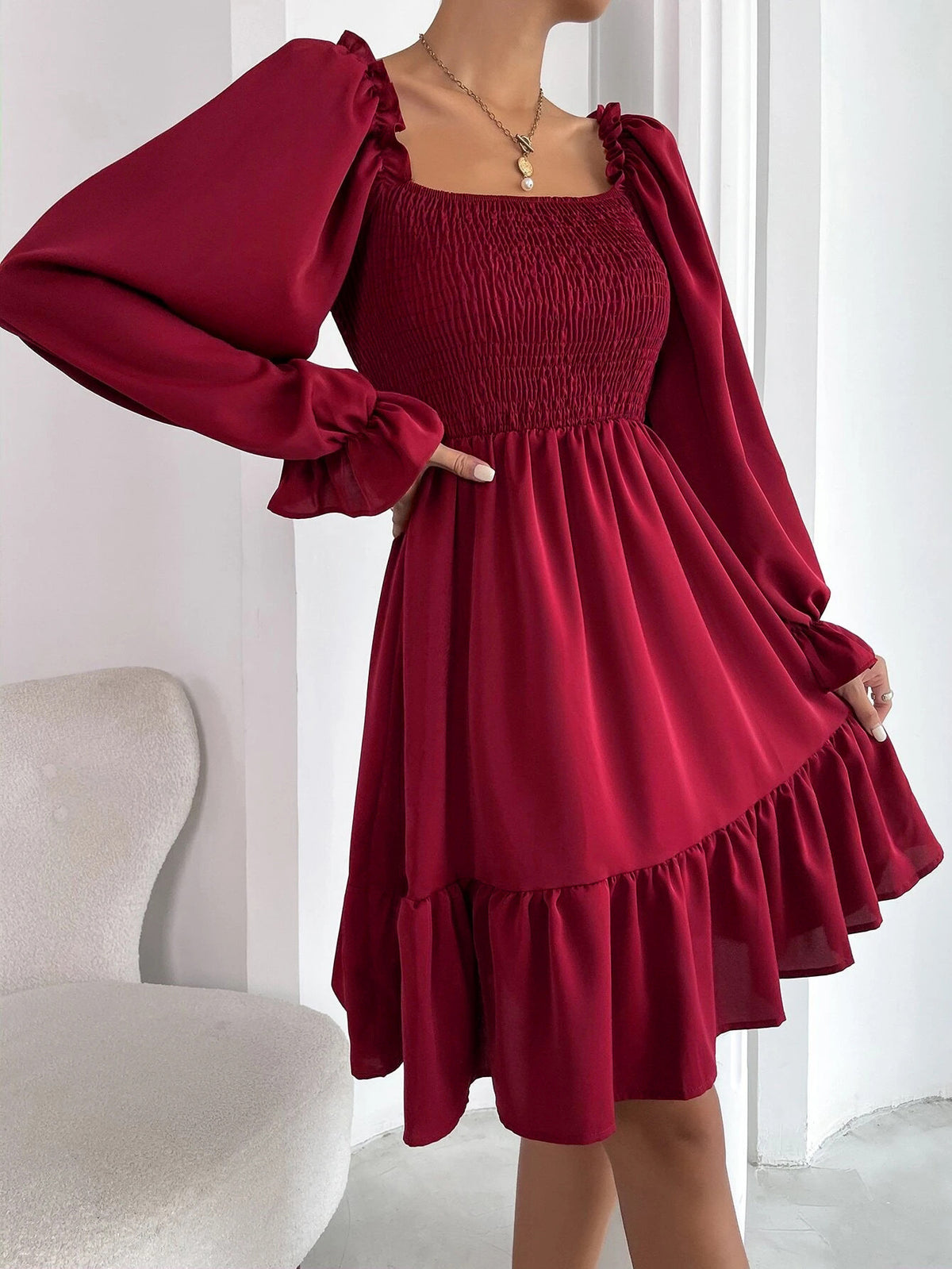 Women's Square Neck Smocked Mini Dress Long Sleeve Ruffle Hem Babydoll Dress Casual Fall Dress - Seldom Seen Styles