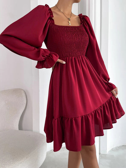Women's Square Neck Smocked Mini Dress Long Sleeve Ruffle Hem Babydoll Dress Casual Fall Dress