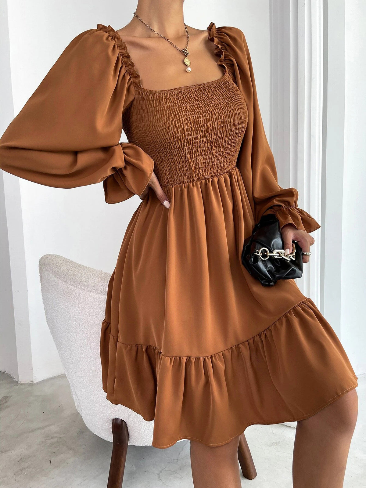 Women's Square Neck Smocked Mini Dress Long Sleeve Ruffle Hem Babydoll Dress Casual Fall Dress - Seldom Seen Styles