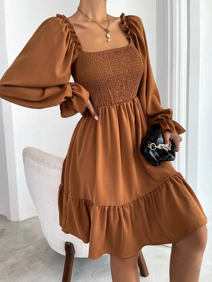 Women's Square Neck Smocked Mini Dress Long Sleeve Ruffle Hem Babydoll Dress Casual Fall Dress