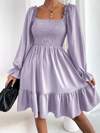 Women's Square Neck Smocked Mini Dress Long Sleeve Ruffle Hem Babydoll Dress Casual Fall Dress