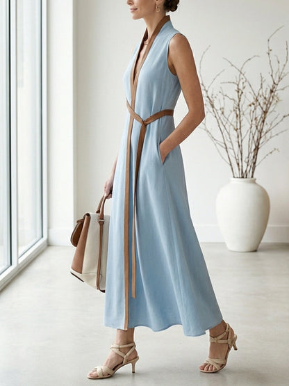 Robe décontractée sans manches ample en coton et lin à col montant pour femme