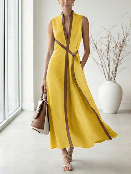 Robe décontractée sans manches ample en coton et lin à col montant pour femme
