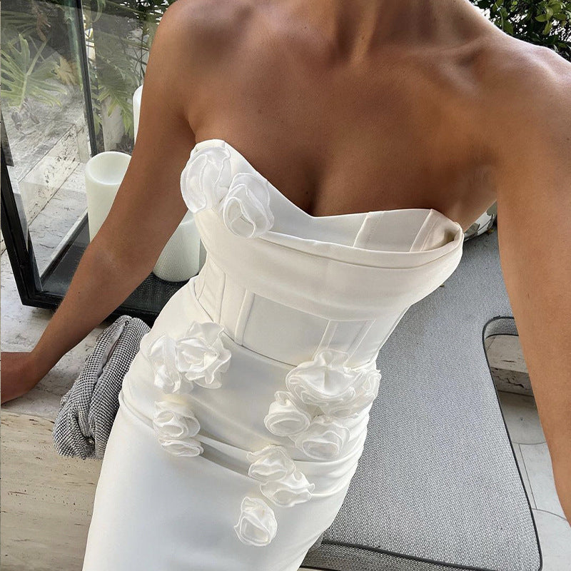 Women's Strapless Floral Applique Maxi Dress Elegant Corset Evening Gown - Seldom Seen Styles