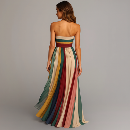 Women's Strapless Pleated Maxi Dress Jewel Tone Flowy Holiday Party Dress for New Year Eve Festive Dinner Wedding Guest Plus Size S-3XL
