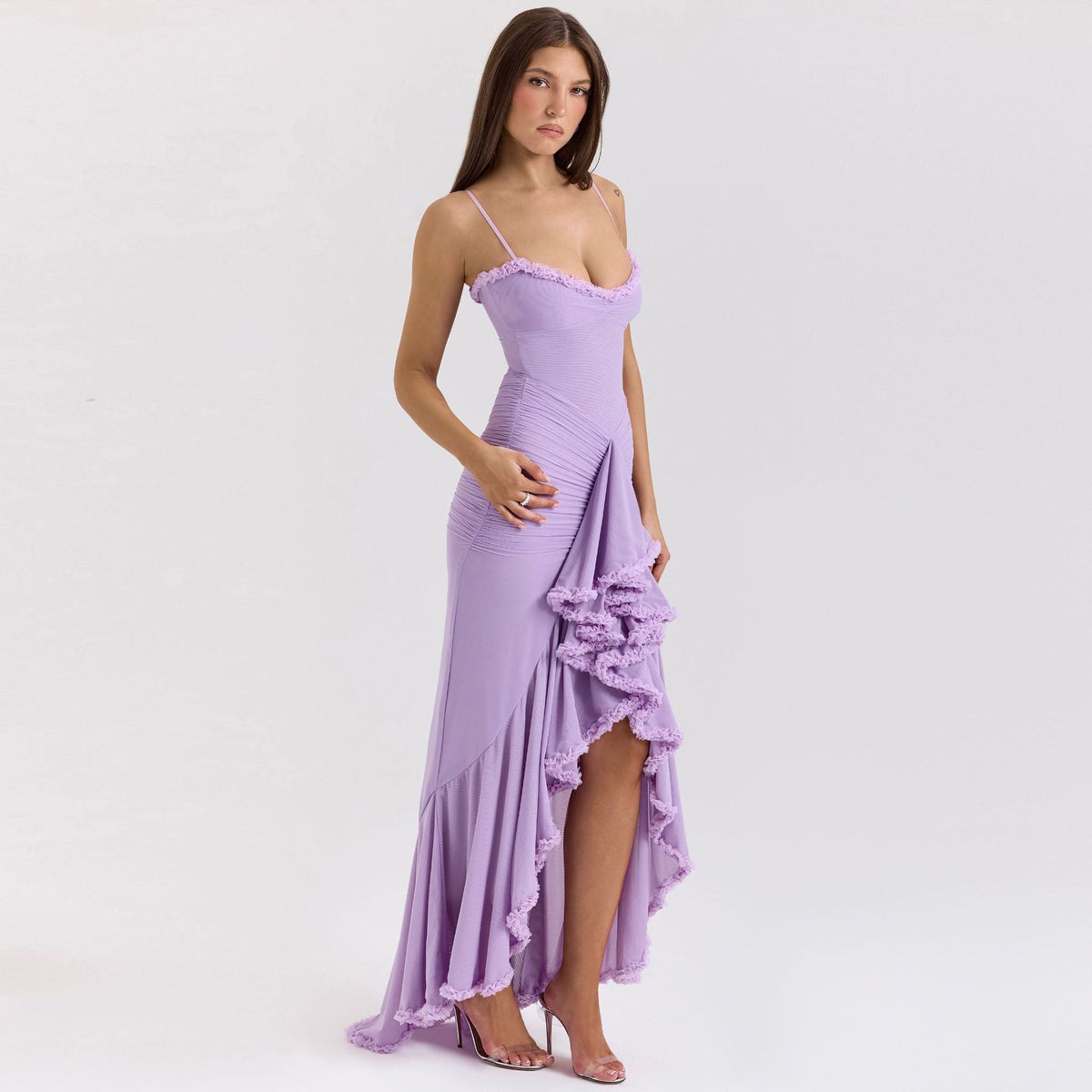 Women's Strapless Ruffle Maxi Dress Ruched Bodycon High Split Elegant Evening Dress - Seldom Seen Styles