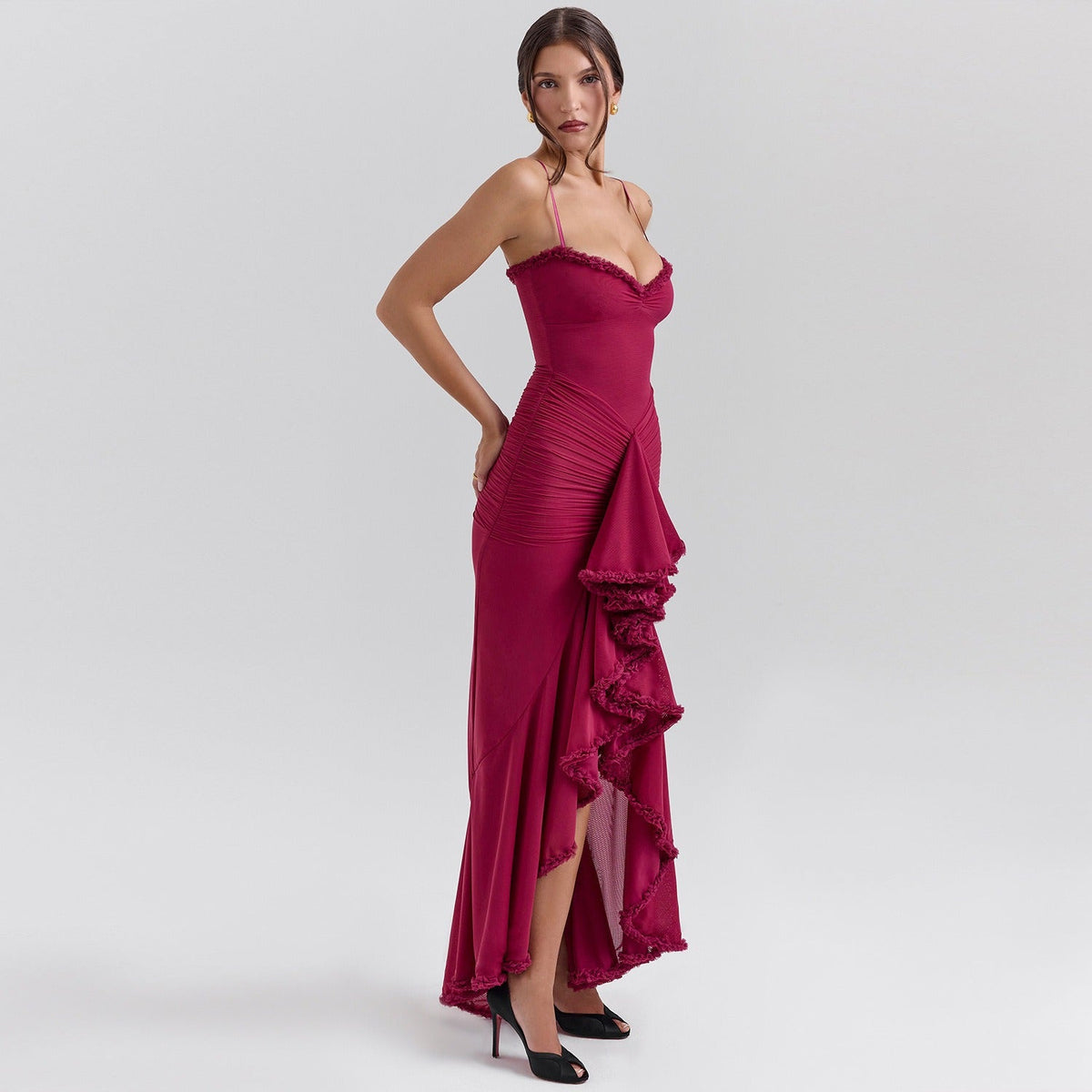 Women's Strapless Ruffle Maxi Dress Ruched Bodycon High Split Elegant Evening Dress - Seldom Seen Styles