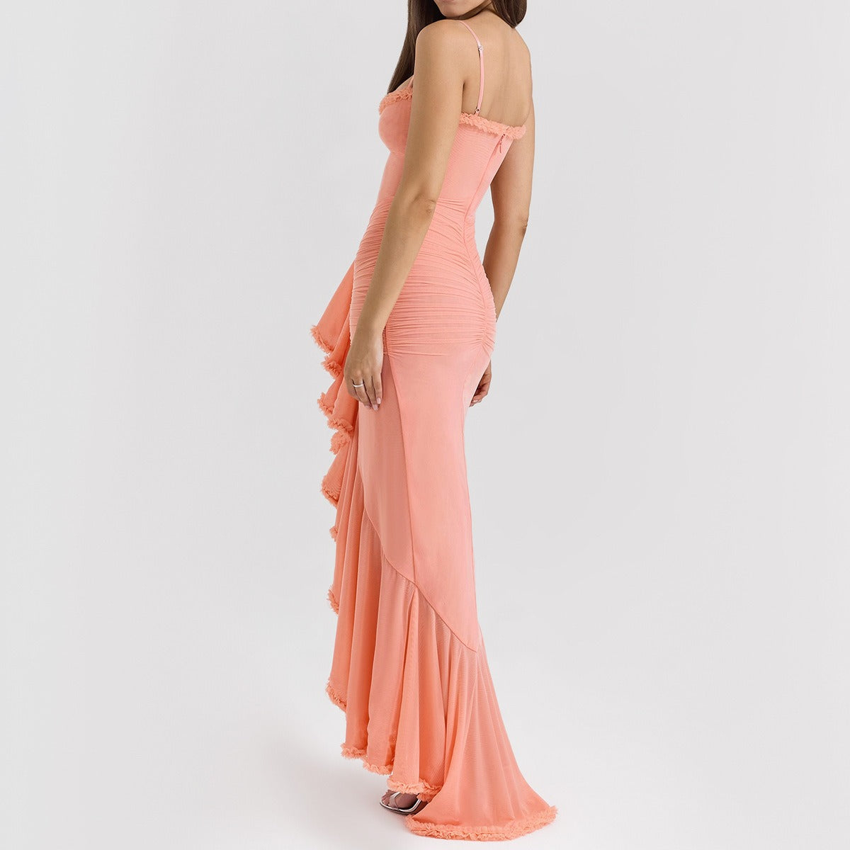 Women's Strapless Ruffle Maxi Dress Ruched Bodycon High Split Elegant Evening Dress - Seldom Seen Styles