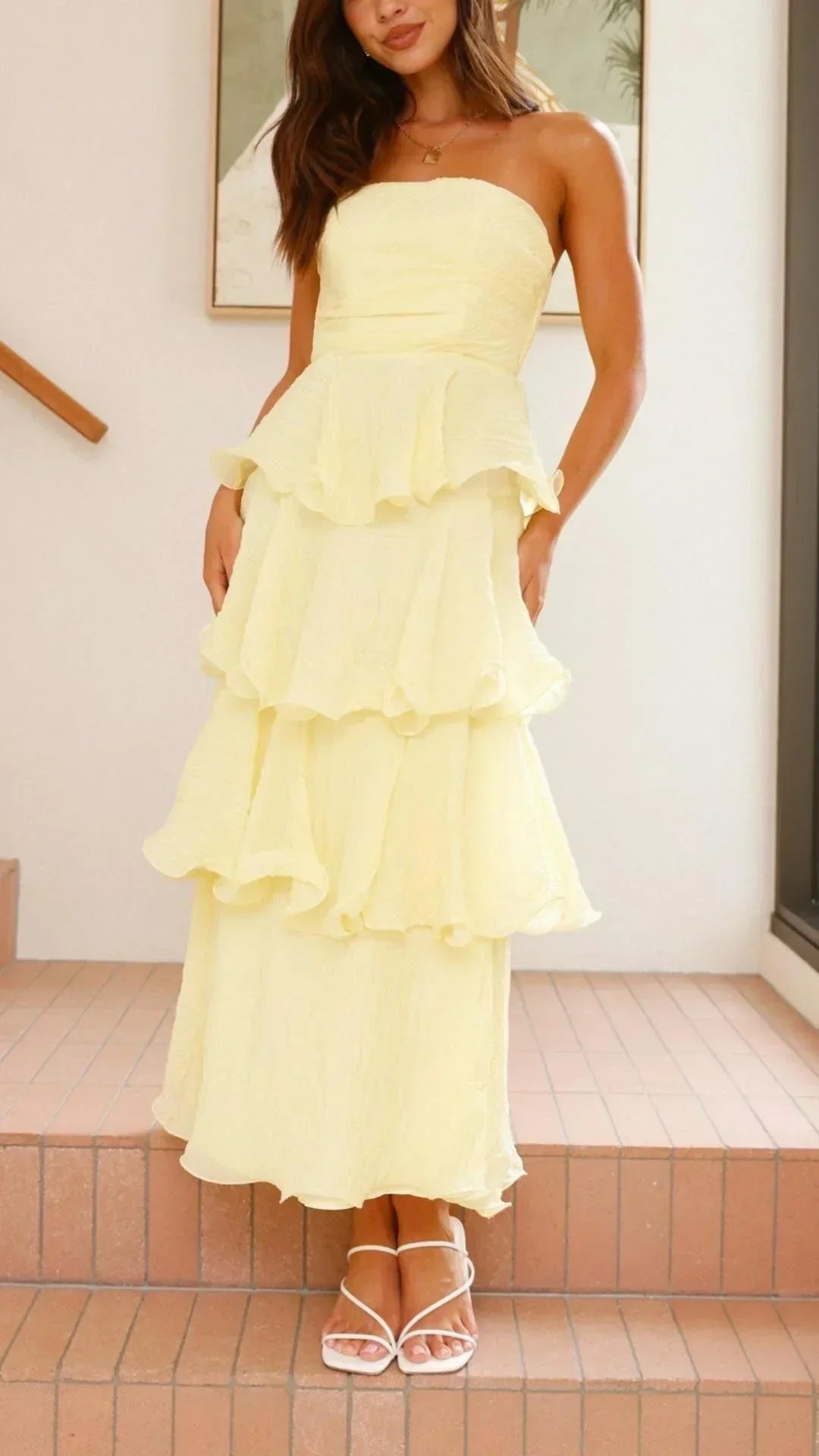 Women's Strapless Tiered Ruffle Maxi Dress - Seldom Seen Styles