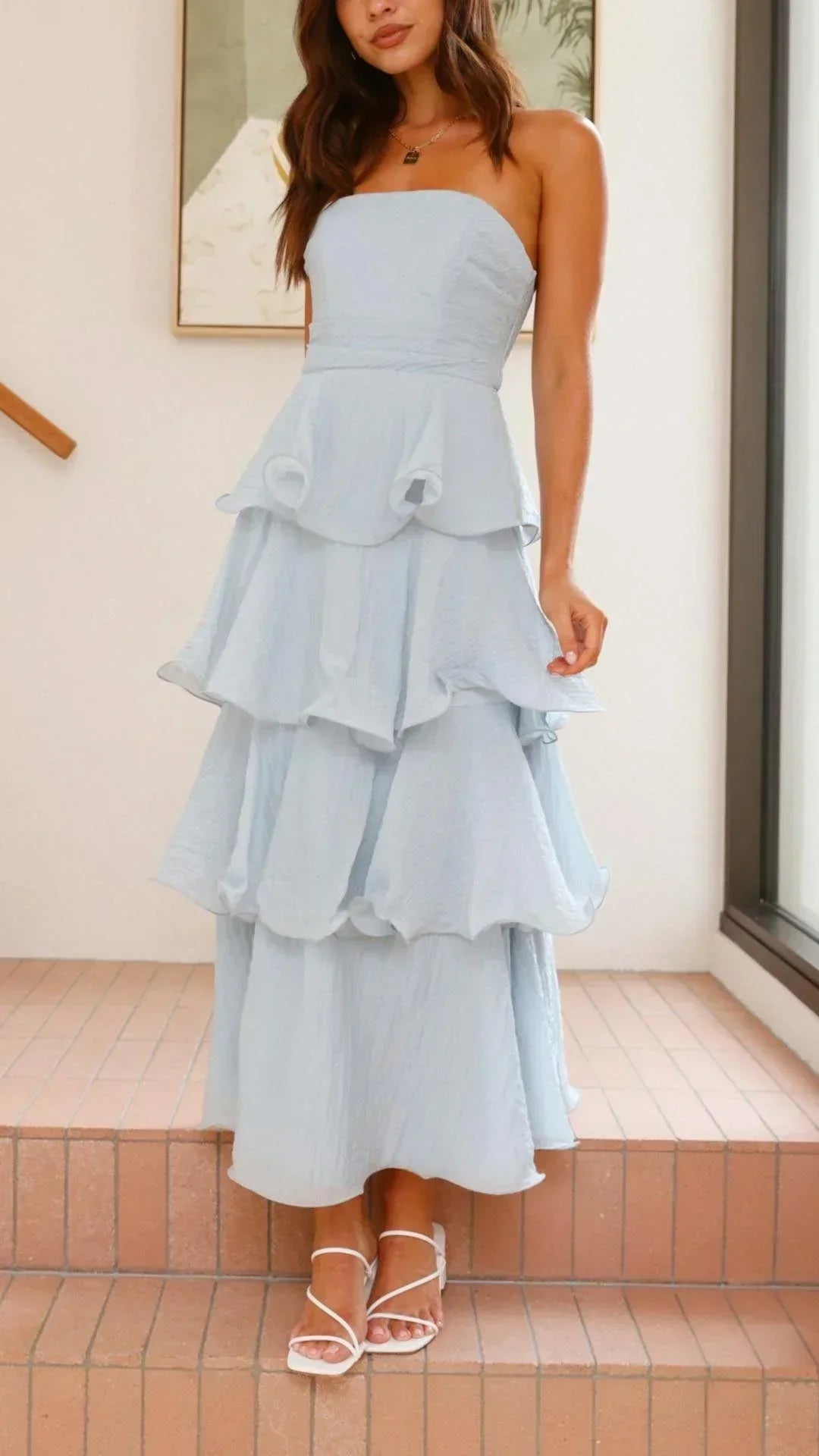 Women's Strapless Tiered Ruffle Maxi Dress - Seldom Seen Styles