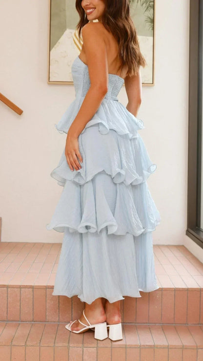 Women's Strapless Tiered Ruffle Maxi Dress