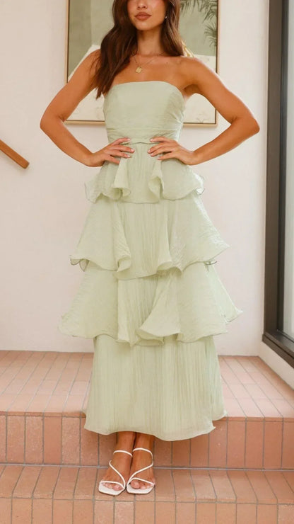Women's Strapless Tiered Ruffle Maxi Dress