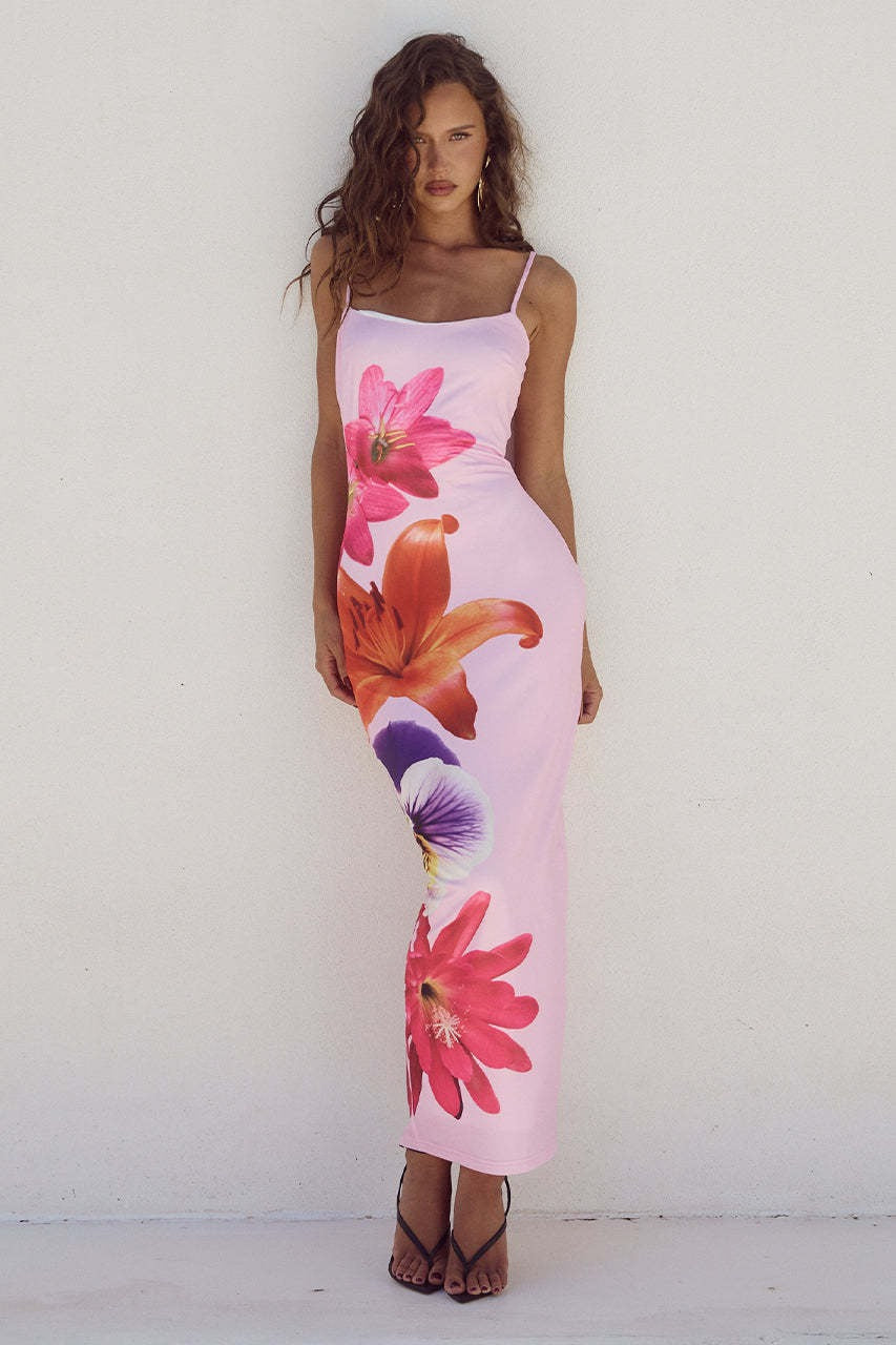 Women's Strappy Floral Print Fitted Long Dress High Waist Bodycon Milk Silk Maxi Dress for Party Date Night Summer Vacation S M L - Seldom Seen Styles