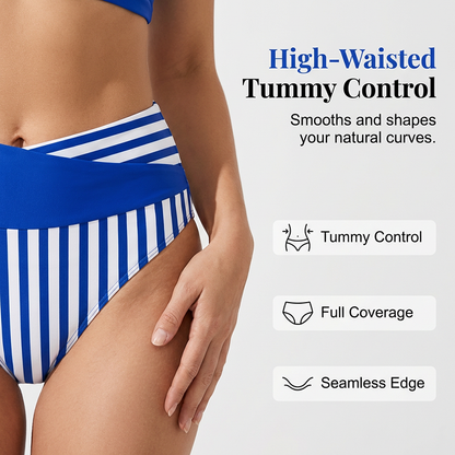 Women's Stripe Color Block Bikini Set High Waist Wrap Top Two Piece Swimsuit Beach