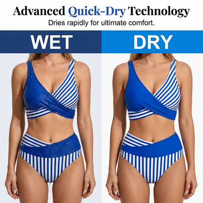 Women's Stripe Color Block Bikini Set High Waist Wrap Top Two Piece Swimsuit Beach
