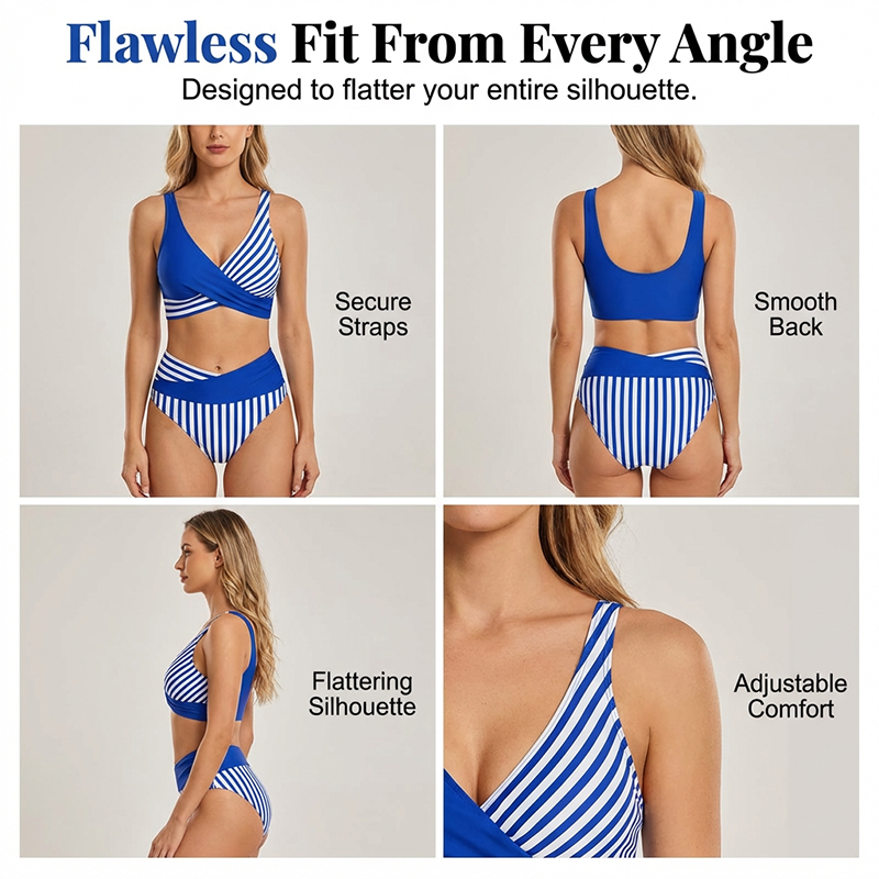 Women's Stripe Color Block Bikini Set High Waist Wrap Top Two Piece Swimsuit Beach - Seldom Seen Styles