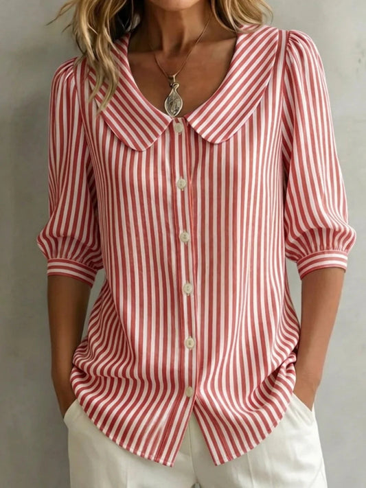 Women's Striped Blouse Peter Pan Collar Button Up 3/4 Sleeve Casual Shirt - Seldom Seen Styles